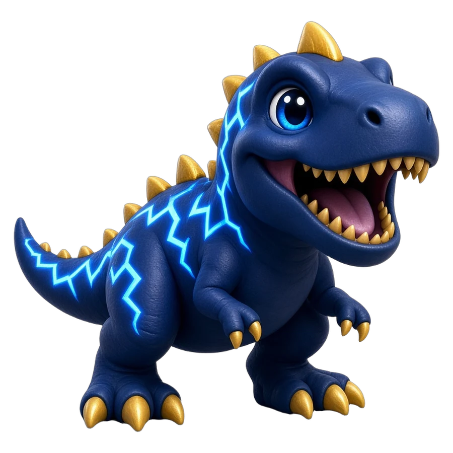 Zaprex, an electric navy T-rex with glowing blue lightning and gold spikes