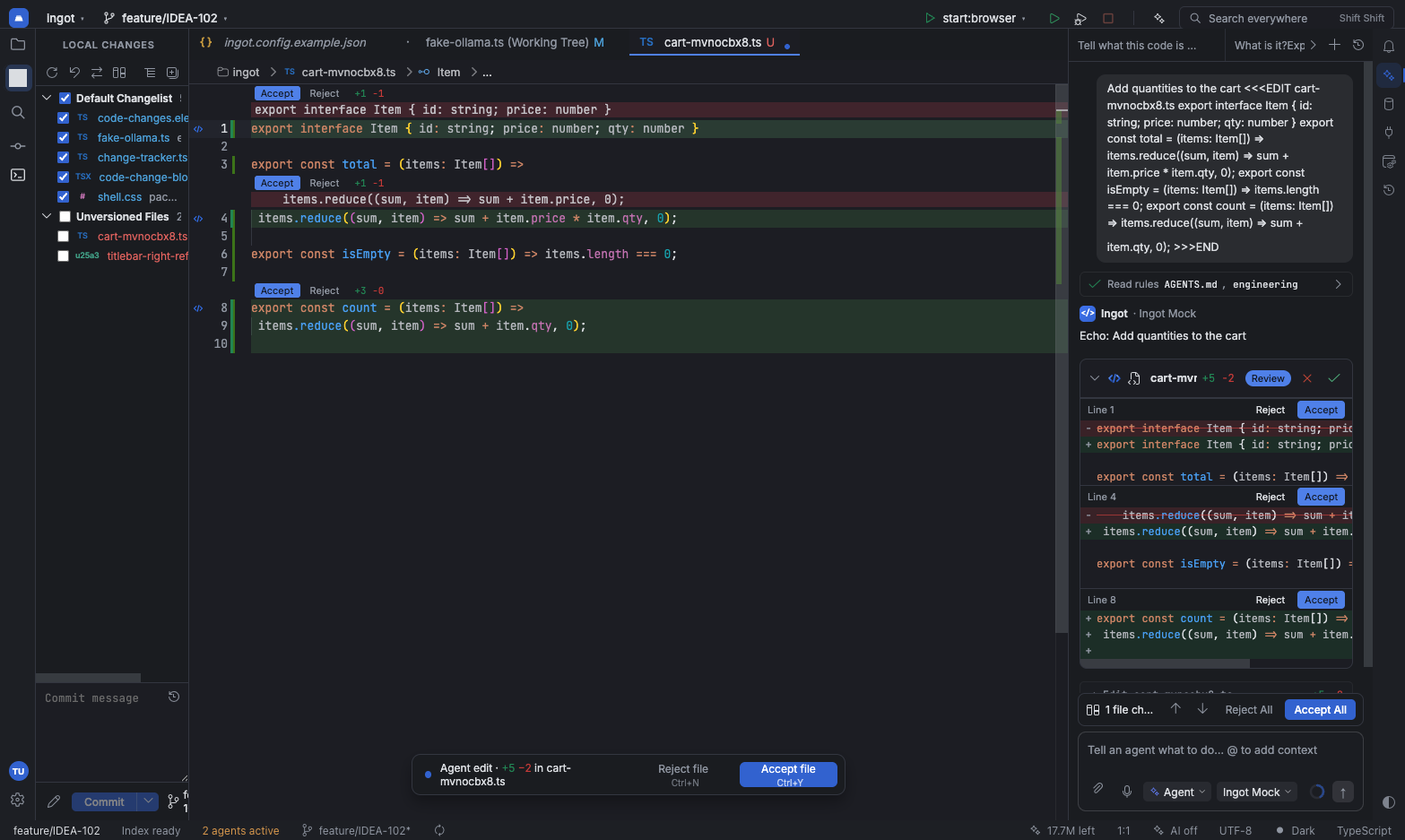 The Ingot desktop IDE: an agent edit waiting for review, inline Accept and Reject in the editor, the change block in the agent chat and the Local Changes window.